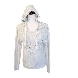 AERO Women Cream Knit Crochet Hooded Pullover Sweater Size S Chunky Cozy‎ Boho
